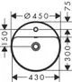 Schematische Darstellung eines Einbauwaschtischs von Hansgrohe mit abgerundeten Kanten, Hahnloch und Überlauf. Maße und Details sind im technischen Zeichnungsstil angegeben.